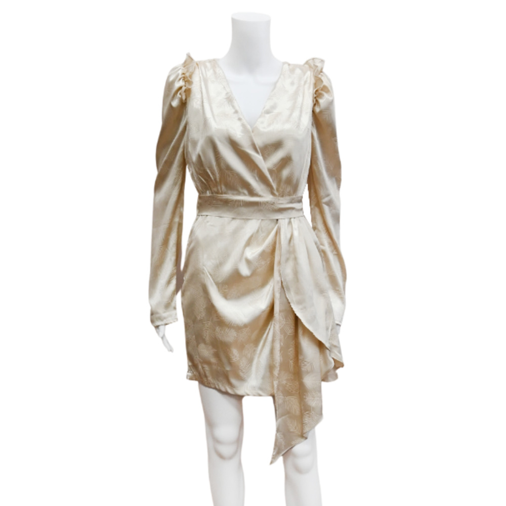 BEULAH Ivory Jacquard Leaf Mini Dress Size Small Long Sleeve Belted